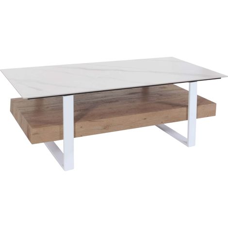[NEUWERTIG] Couchtisch HHG-027, Wohnzimmertisch Tisch, Ablage Eisen 43x120x60cm Sinterstein Marmor-Optik weiß Holz natur