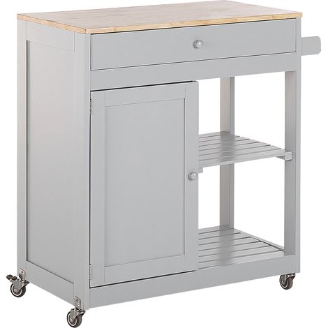 Carrito de cocina de MDF madera de caucho gris 75 x 43 x 87 cm ruedas estante 2 baldas 1 cajón Trapani