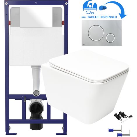White Square Rimless Wall Hung Toilet & 1.12m Concealed WC Cistern Frame Set - Gloss Chrome Plate