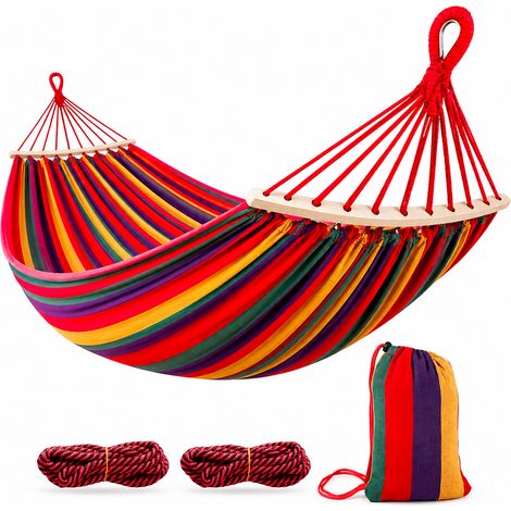 Amaca In Tessuto Con Sacca Da Trasporto E Terminali In Legno Massello Struttura Pieghevole E Resistente Per Giardino Campeggio Mare Relax Outdoor Facile Da Assemblare 275 X 155 Cm Rosso