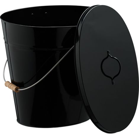 Relaxdays Cubo para Cenizas con Tapa, 18,5 L, Accesorio Chimenea, Estufa, Asa Madera, Almacenar Carbón, Acero, Negro (1/5)