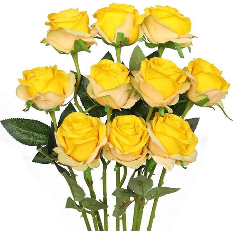 Lot de 10 roses artificielles rouges en flanelle, fleurs artificielles réalistes et décoratives pour mariage, maison et jardin, jaunes