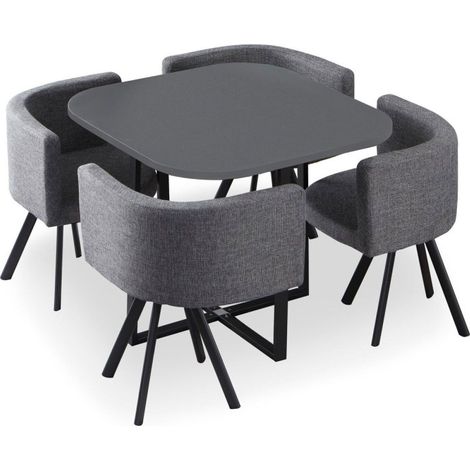 Table de Repas & 4 Chaises Design "Normi" 90cm Gris (1/2)