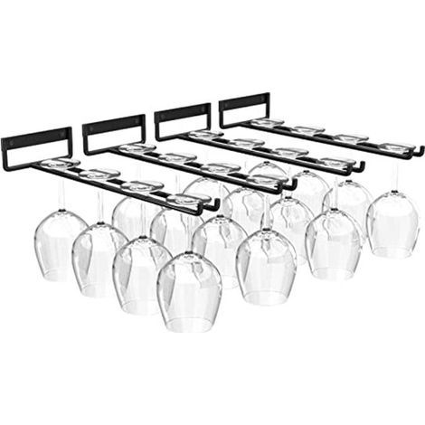 Longziming - Porte-verres à vin suspendu sous meuble (4 pièces) - Support pour 3 à 5 verres à vin - Porte-verres en métal pour cuisine. placard et bar - Noir (1/5)