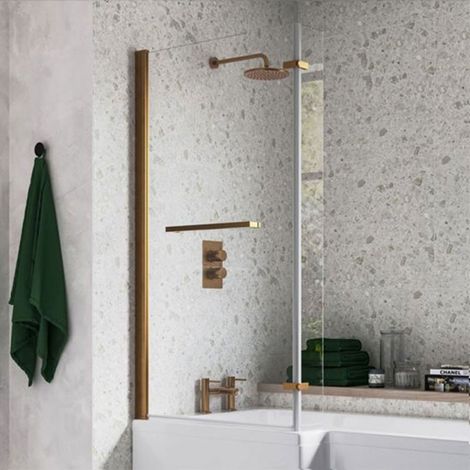 Signature Brushed Bronze L-Shaped Hinged Bath Screen with Rail 1500mm High x 815mm Wide - 6mm Glass