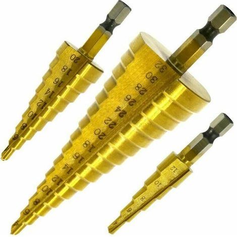 Set De 3 Foret Fraise Meche Etage, Inox Metal, 4-12/20/32Mm, Triangle Conique Titane, Avec Tige Hexagone, Pour Visseuse Percage Sur Acier, Laiton, Bois, Plastique (1/5)