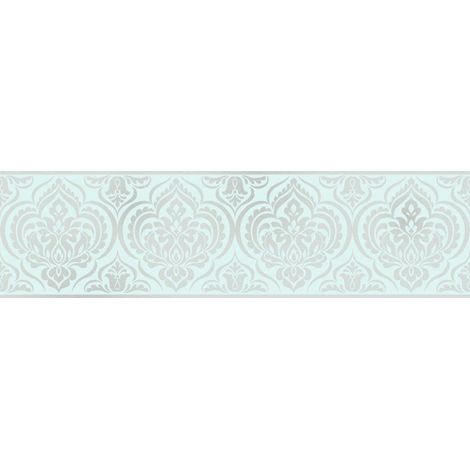 DISCONTINUED Damask Wallpaper Border Glitter Effect Glitz Glitter Sparkle Shiny Silver Teal (1/4)