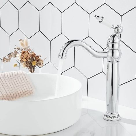 Robinet Lavabo à Grande Hauteur, Robinet Rétro Haut avec Poignée en Céramique, Robinet Salle Bain pivoter à 360 °, Robinets Mitigeur avec Tuyaux Flexibles, Laiton, Chromé (1/5)
