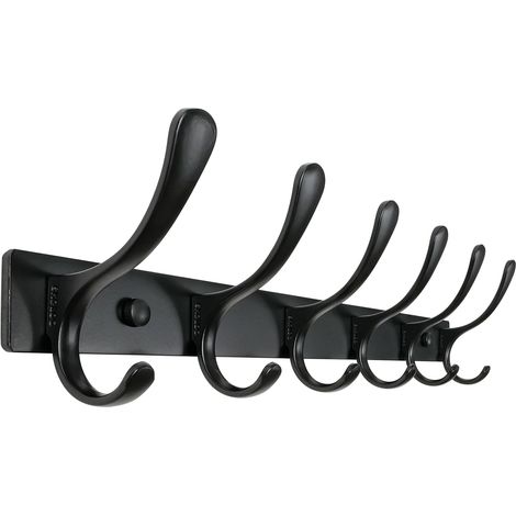 Patère Murale Noire 6 Crochets Sans Perçage en Aluminium Support de Rangement pour Vêtements et Serviettes (1/5)
