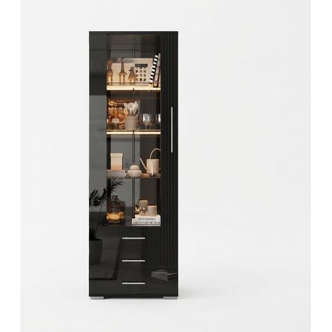 ELVMI Vitrine avec 1 Porte, 3 Tiroirs, 3 Étagères en Verre et LED par Application, MDF, 60 x 35 x 180 cm, Noir (1/5)