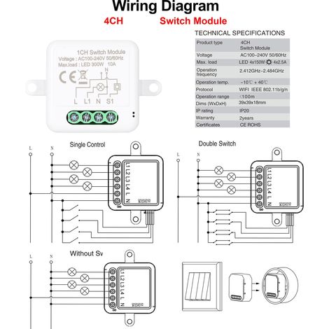 Module relais intelligent Zigbee 4 canaux avec interrupteur bidirectionnel pour la domotique, compatible avec Alexa Home. (1/2)