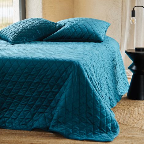 Couvre-Lit et Taies d'Oreiller en Velours Matelassé Bleu Paon 230x250 cm