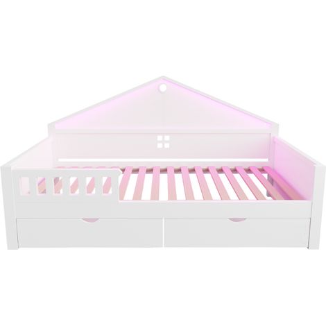 Cama infantil 90x200 cm con LED, 2 cajones y somier de lamas de madera blanca MODENUIT (1/5)