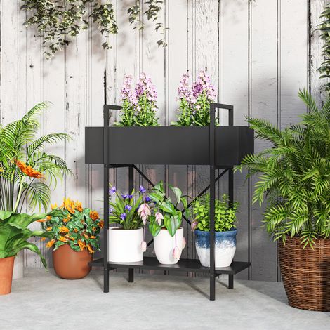 Support plantes interieur 2 niveaux. porte plante avec trous de drainage. plateau supérieur. métal. 60 x 25 x 70 cm noir