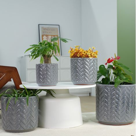 Pot de fleurs 31,5 cm en céramique gris brillant, moderne avec drainage pour intérieur FloraGrace (1/5)