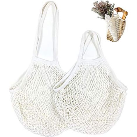 Lot de 2 sacs filet en coton réutilisables, sacs de courses écologiques pour fruits, légumes et petits objets, légers et pratiques, blanc (1/5)