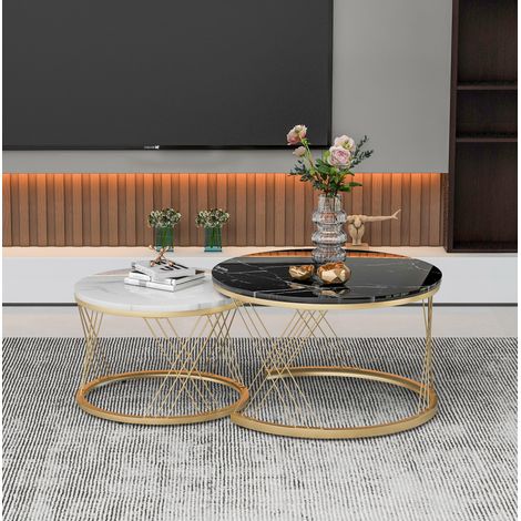 Table basse gigogne ronde en MDF, lot de 2, noir et blanc HAVRYA (1/5)