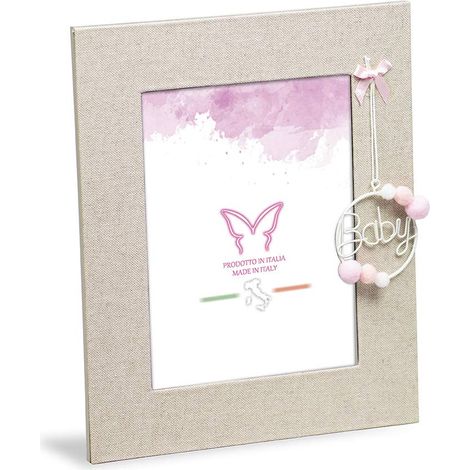 Cadre photo de table pour fille 20 x 23,5 cm en tissu lin avec décorations roses, structure arrière en bois, dimensions de la photo 13 x 18 cm. Idée cadeau. (1/5)