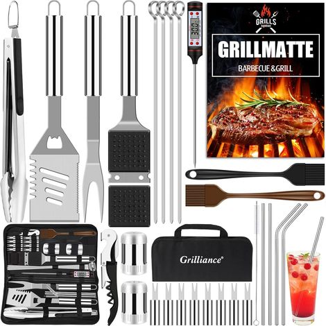 Lot de 30 ustensiles de Barbecue en Acier Inoxydable - Pince à Barbecue - avec Mallette et Tapis de Barbecue pour Homme - Cadeau pour Le Jardin, Le Camping - Argenté (1/5)