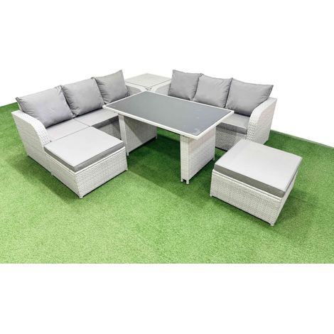 Fimous 8 Seater Rattan Outdoor Dining Table 3 Seater Sofa Set with Side Table 2 Big Stools Light Grey (1/4)