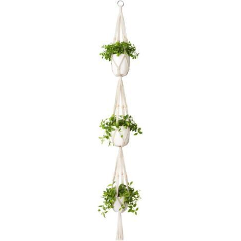 Suspension pour plantes en macramé à 3 niveaux pour intérieur et extérieur, panier à plantes suspendu en corde de coton avec perles, 177 cm Support et plateau pour jardinière (1/5)