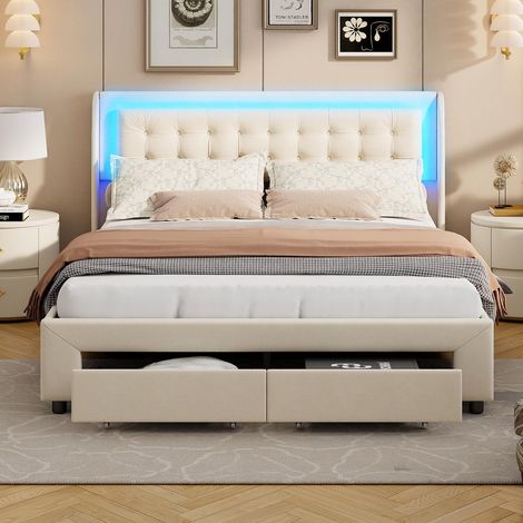 Polsterbett 180x200 cm mit Bettkasten, gestepptes Doppelbett mit 2 Schubladen, Lattenrost und verstellbarer LED-Beleuchtung, Samt, Beige