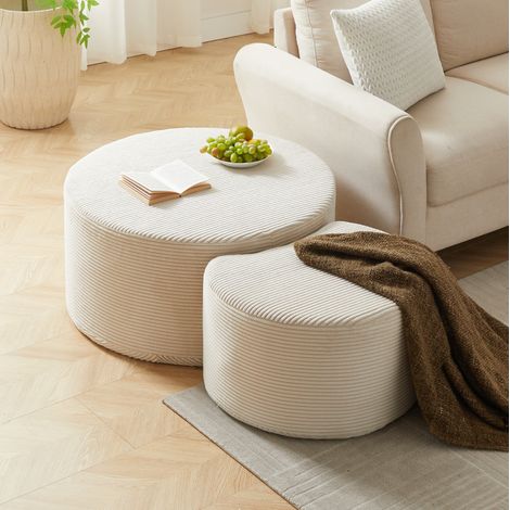 Table basse ronde lot de 2 127x81x40 cm beige, sans montage, tissu et mousse, MEUBLIV (1/5)