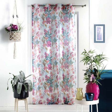 Voilage a oeillets 140 x 240 cm voile sablé imprimé exotic Paradise Blanc (1/3)