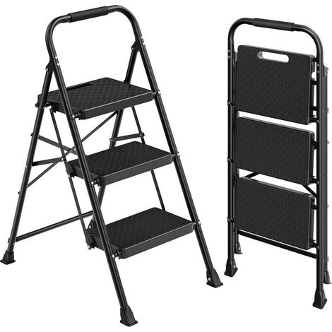 Escabeau pliant 3 marches ergonomique 73 x 46,5 x 102,5 cm usage maison bureau jardin en acier noir (1/2)