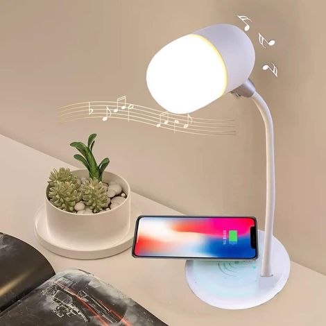 Lampe de table LED 3 en 1 à intensité variable tactile avec chargement sans fil, veilleuse portable avec haut-parleur Bluetooth, lampe de table LED avec 3 modes d'éclairage (1/5)