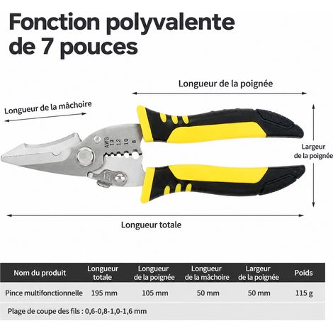 Pince à dénuder multifonction pour électricien 7 pouces bec pointu 195 mm pointue 195 200 g – Livraison gratuite