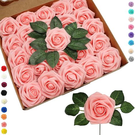 25 pièces Fleurs Artificielles Roses Artificielles Rose Tendre,Mousse Faux Roses avec Tiges Décoration Florale pour Anniversaire Mariage Gâteau Fête Jardin Artisanat Douche Nuptiale Saint Valentin