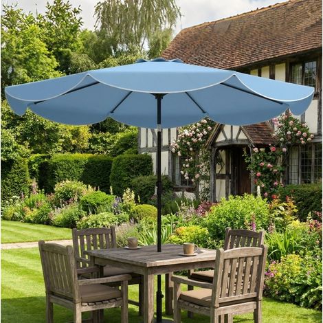 Parasol de balcon rond Ø265x235 cm en métal bleu, inclinable 3 positions, pour petits espaces (1/5)