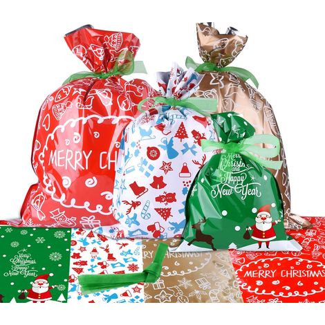 Christmas Gift Bags Large Size Gift Wrap Assorted Styles Gift Bags with Ribbon Ties for Christmas Gift Wrapping (Style A-10pcs)