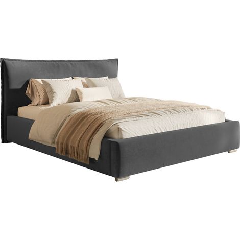 Emporius Lit double avec rangement 160x200 Zenito, tête de lit type coussin, tissu velours, sommier - gris foncé (1/5)