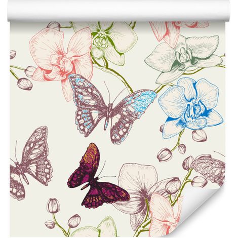 Carta da parati con farfalle, fiori e foglie per soggiorno e camera da letto, 50x1000 cm (1/5)