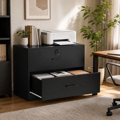 Eggree – Caisson de Rangement, Meuble Tiroir Bureau avec Serrure, 2 Tiroirs, Noir (1/5)