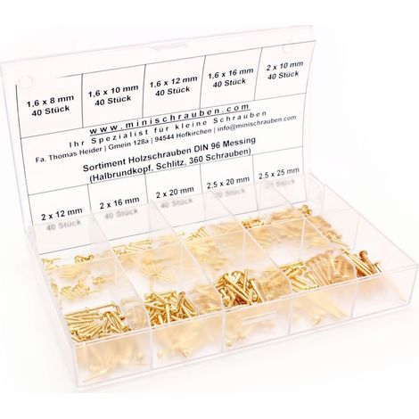 Boîte d'assortiment de 360 pièces petites vis à bois selon DIN 96, plat, tête bombée en laiton à partir de 1,6 x 8. minischr auben Assortiment avec boîte beschrifteter (1/4)
