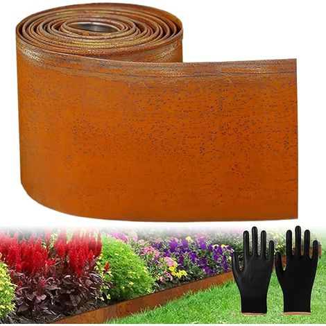 Bordure de pelouse métal 10 m x 14,5 cm Acier Aspect rouille Bordure de parterre bricolage 1 paire de gants Bordure de pelouse métal galvanisé jardin (1/5)