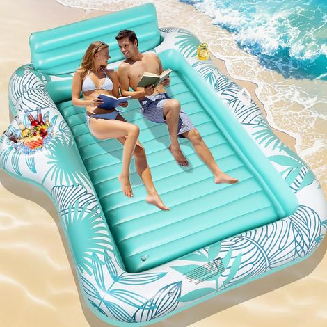 Double Piscine de Bronzage Gonflable, Matelas Gonflable Bronzage Tanning Pool avec Bac à Glaçons & Porte-Gobelets, Matelas Eau Bronzage pour Adultes Jardin Plage Fête Aquatique d'été (1/5)
