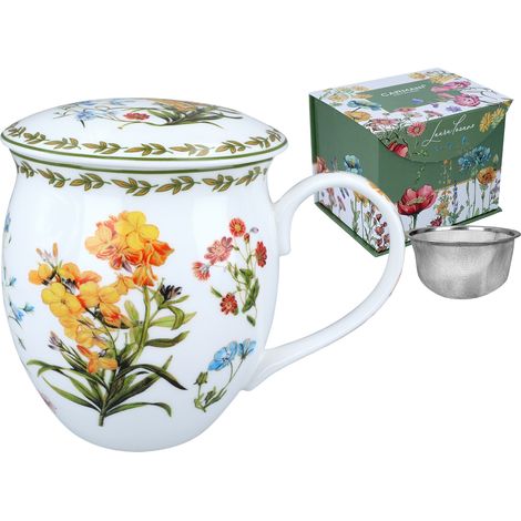 Porzellanbecher mit Deckel, Wildblumenmuster, für Kaffee oder Tee (1/5)