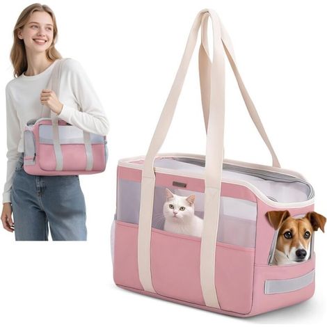 Weiche Haustiertragetasche für kleine Hunde und Katzen, faltbar und atmungsaktiv, mit Sicherheitsleine, leichte Tragetasche für Reisen und Camping (Pastellrosa) (1/5)