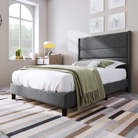 Letto imbottito 90x200 cm in tessuto lino grigio scuro con testiera e rete a doghe (1/5)