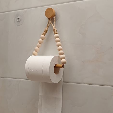Punch-Free Roll Paper Storage Rack, Rustic Style with Hemp Rope and Wooden Balls, Adhesive Toilet Paper Holder (1/5)