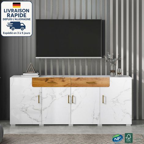Buffets, buffets et armoires 208x39,5x80cm avec 2 tiroirs 4 portes, meuble de cuisine, commode pour salon/salle à manger, aggloméré, blanc (1/5)