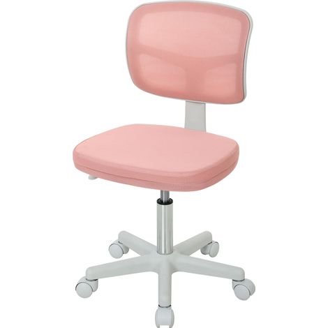 Silla de oficina ergonómica sin brazos, giratoria, con respaldo de malla curvada y ruedas, color rosa. (1/5)