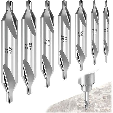 Zentrierbohrer, 7 Stück HSS-Zentrierbohrer, 60° HSS-Zentrierbohrer, Zentrierbohrer, Doppelendbohrer, für die Verarbeitung von Eisen, Stahl, Kupfer, Aluminium, Ø 1/1,5/2/2,5/3/4/5 mm
