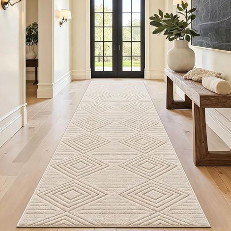 Tapis de Couloir 80x300cm Beige Moderne Lavable Tapis de Cuisine 3D Géométrie Haute Profondeur Effet Antidérapant Tapis Souples Tapis pour Salon Chambre à Coucher (1/5)