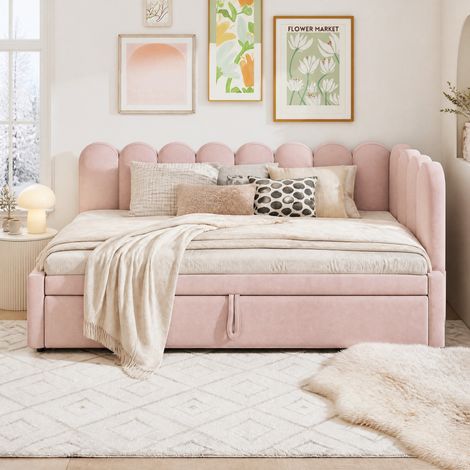 Cama nido en L 90x200 cm terciopelo rosa, cama doble que ahorra espacio, sin colchón – MEUBLIV (1/5)