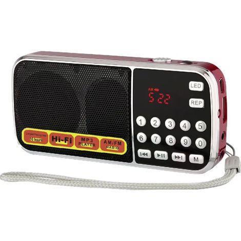 (Rouge) Radio AM/FM double bande Super Bass avec lampe torche intégrée et batterie rechargeable (1/4)